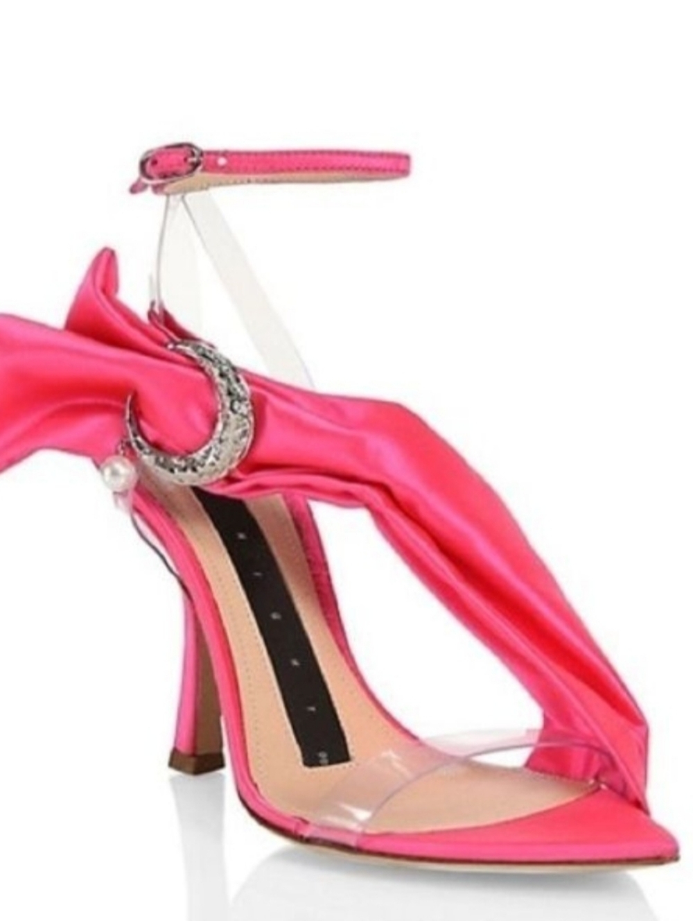 Midnight 00 Pink Satin Draped Stiletto Sandals with Crescent Accent